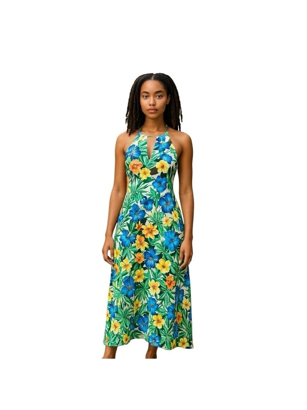 Girls on Film Tropical Floral Maxi Dress Halter Neck Sz 38 EU Green Blue
